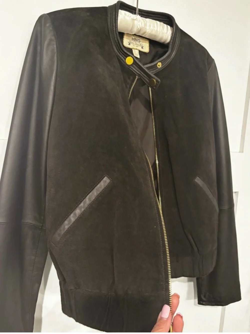 MNG Mango Mixed Media Leather & Suede Bomber Jacket Deep Chocolate Brown/Gold M